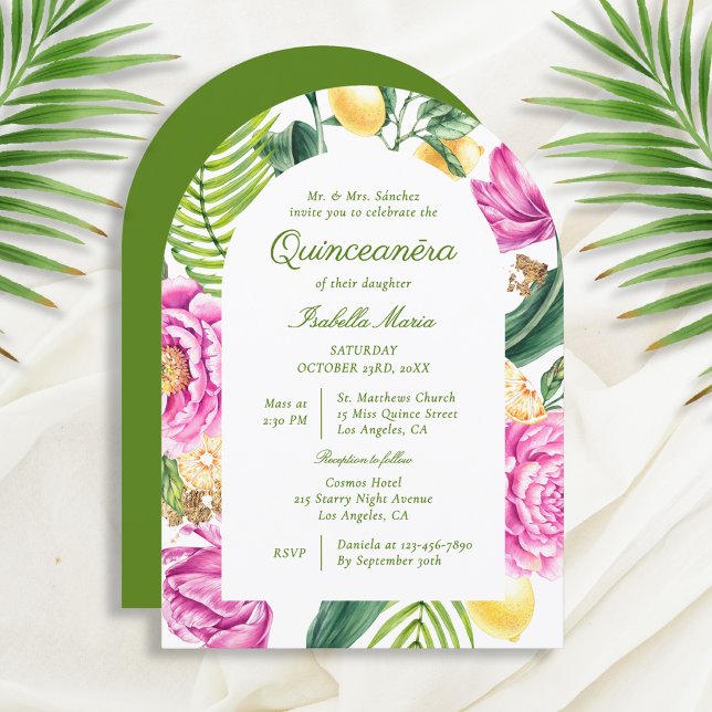 Invitation Aquarelle Floral Peonps Tulipes Lemon Quinceañera (Créateur téléchargé)