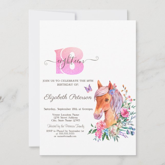 Invitation Aquarelle Floral Ponny 18e anniversaire (Devant)