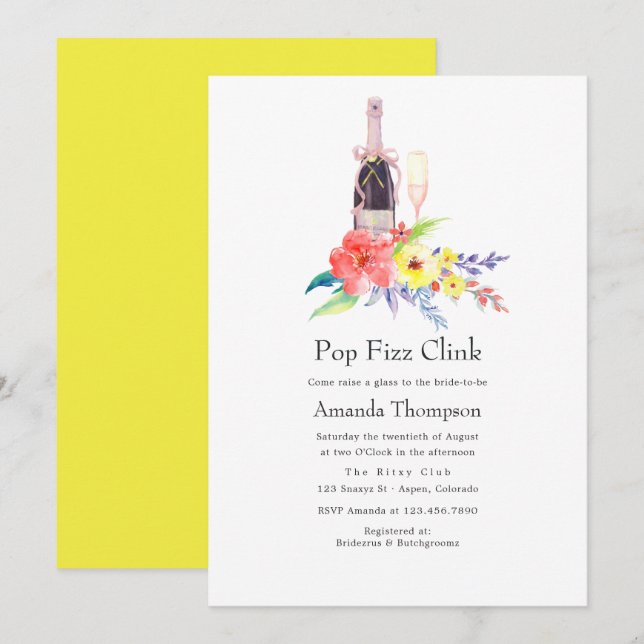Invitation Aquarelle Floral Pop Fizz Clink Fête des mariées (Devant / Derrière)