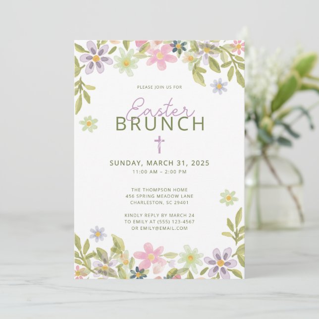 Invitation Aquarelle Floral Printemps Pâques Brunch Religieux (Debout devant)