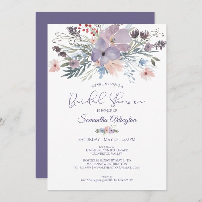 Invitation Aquarelle Floral Purple Blush Fête des mariées (Devant / Derrière)