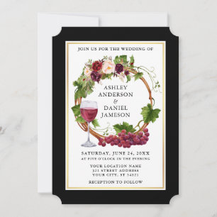 Invitation Aquarelle Floral Raisins Wreath Black Gold Mariage
