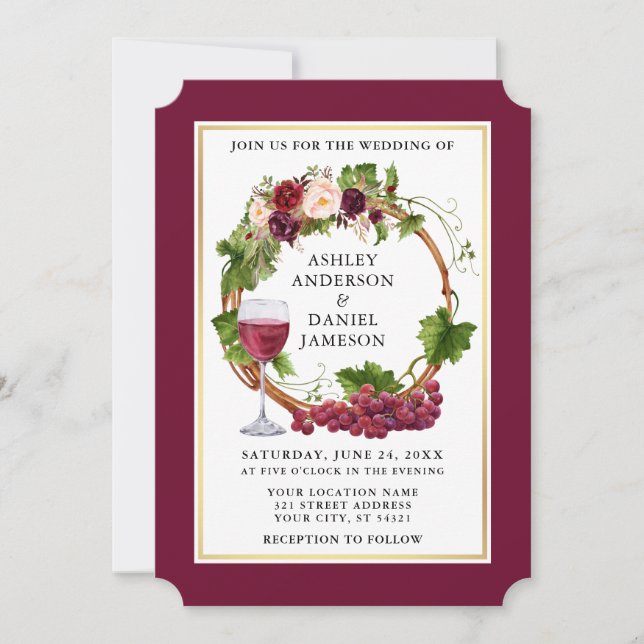 Invitation Aquarelle Floral Raisins Wreath Mariage Bourgogne (Devant)