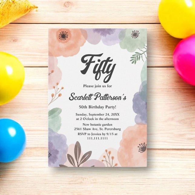 Invitation Aquarelle Floral Romantique Abstrait 50e anniversa (Créateur téléchargé)