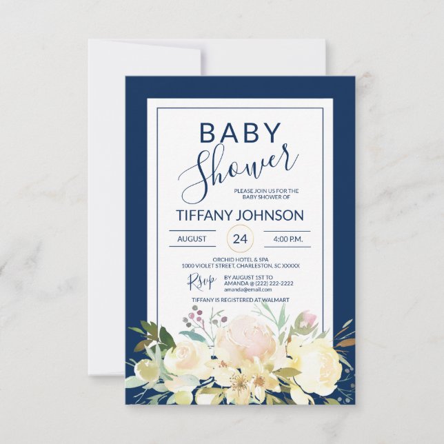 Invitation Aquarelle Floral rose Beige Baby shower bleu marin (Devant)