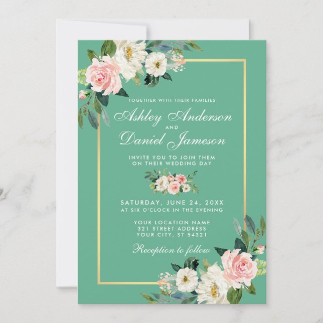 Invitation Aquarelle Floral Rose Blanc Or Mariage Neo Mint (Devant)