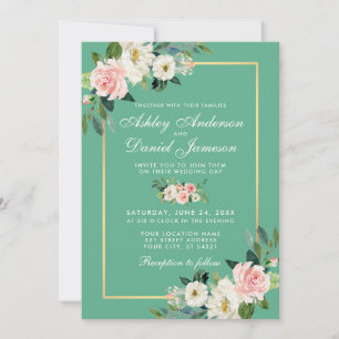 Invitation Aquarelle Floral Rose Blanc Or Mariage Neo Mint