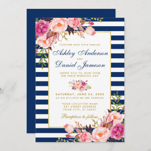 Invitation Aquarelle Floral rose Bleu Mariage or