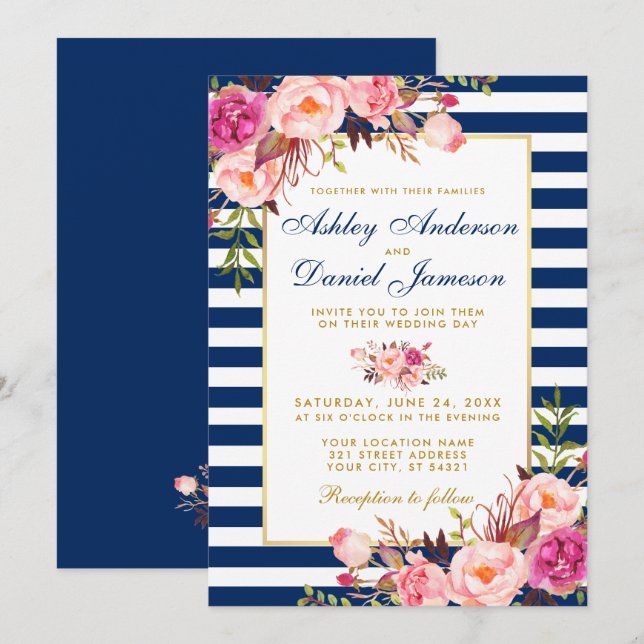 Invitation Aquarelle Floral rose Bleu Mariage or (Devant / Derrière)