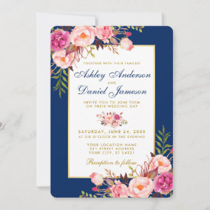 Invitation Aquarelle Floral Rose Bleu Mariage or B