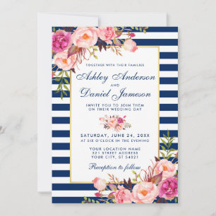 Invitation Aquarelle Floral Rose Bleu Mariage rayé B