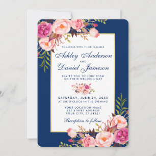 Invitation Aquarelle Floral rose bleu Mariage W