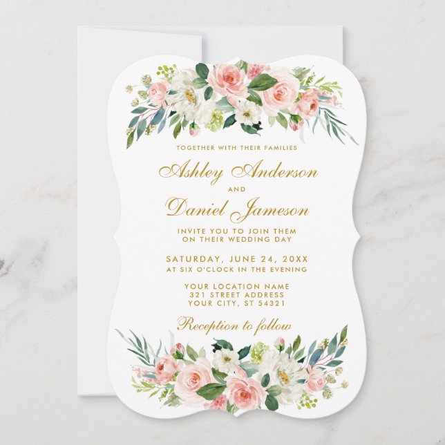 Invitation Aquarelle Floral Rose Blush Blanc Or Mariage BG (Devant)