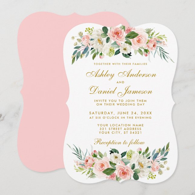Invitation Aquarelle Floral Rose Blush Blanc Or Mariage BP (Devant / Derrière)