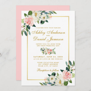 Invitation Aquarelle Floral Rose Blush Blanc Or Mariage P