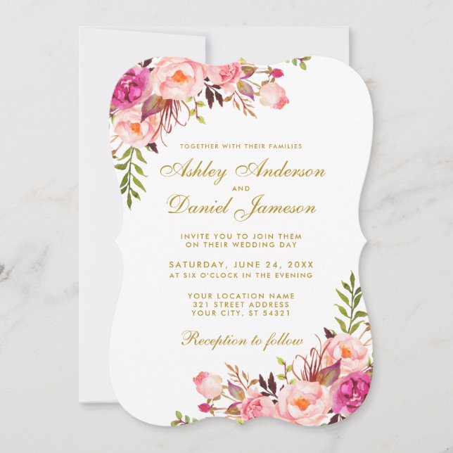 Invitation Aquarelle Floral Rose Blush Gold Mariage B (Devant)