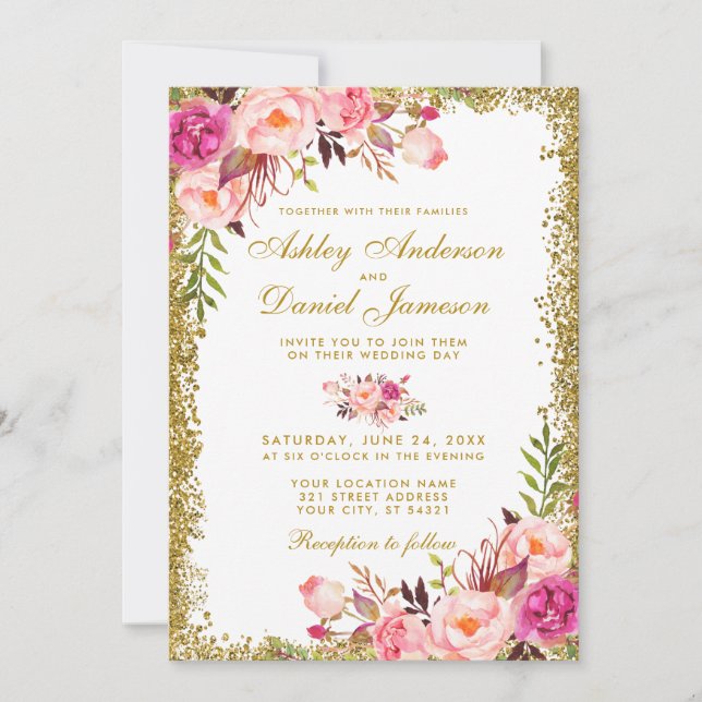 Invitation Aquarelle Floral Rose Blush Gold Parties scintilla (Devant)