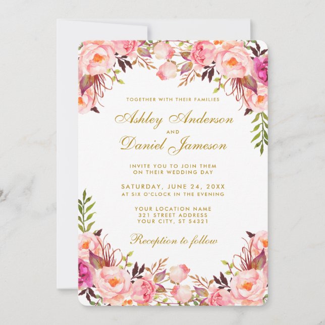 Invitation Aquarelle Floral Rose Blush Mariage Or (Devant)