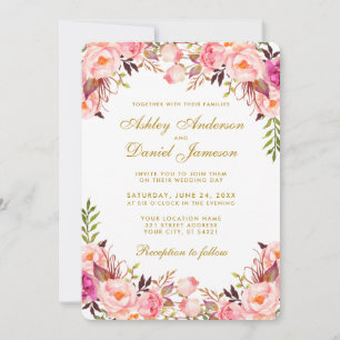 Invitation Aquarelle Floral Rose Blush Mariage Or