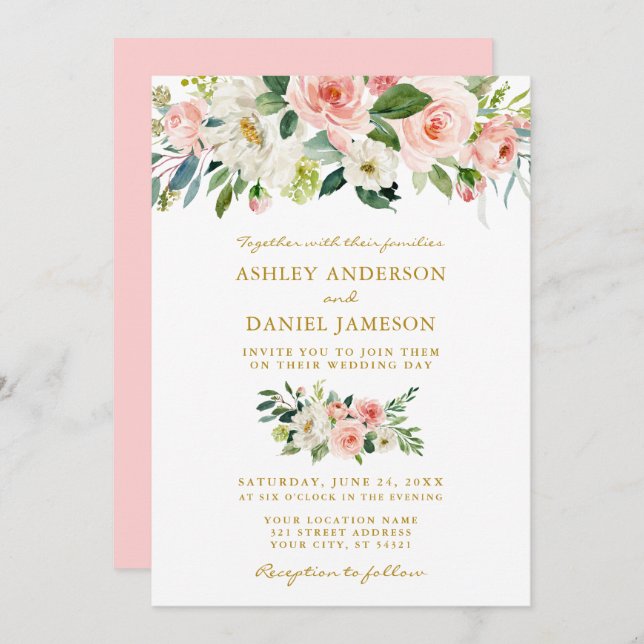Invitation Aquarelle Floral Rose Blush Mariage Or (Devant / Derrière)