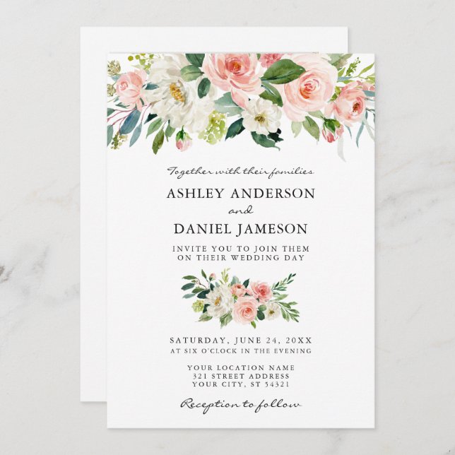 Invitation Aquarelle Floral Rose Blush Mariage photo (Devant / Derrière)