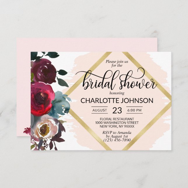 Invitation Aquarelle Floral rose Bourgogne or Fête des mariée (Devant / Derrière)