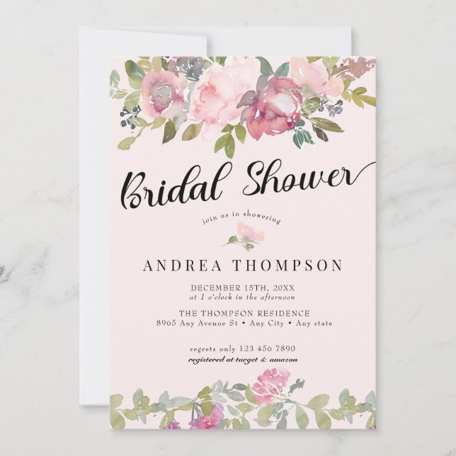 Invitation Aquarelle Floral Rose Bride (Devant)