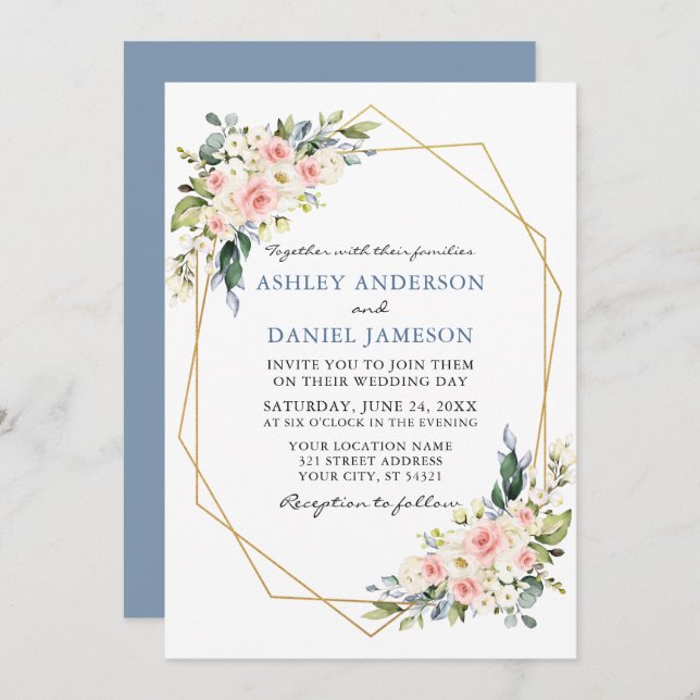 Invitation Aquarelle Floral rose Dusty Mariage Geo (Devant / Derrière)