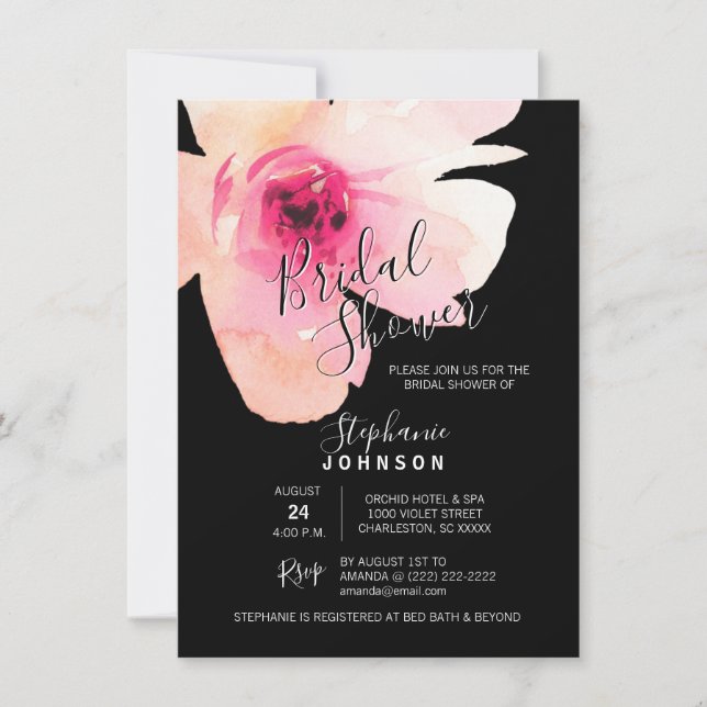 Invitation Aquarelle Floral rose Fête des mariées noire (Devant)