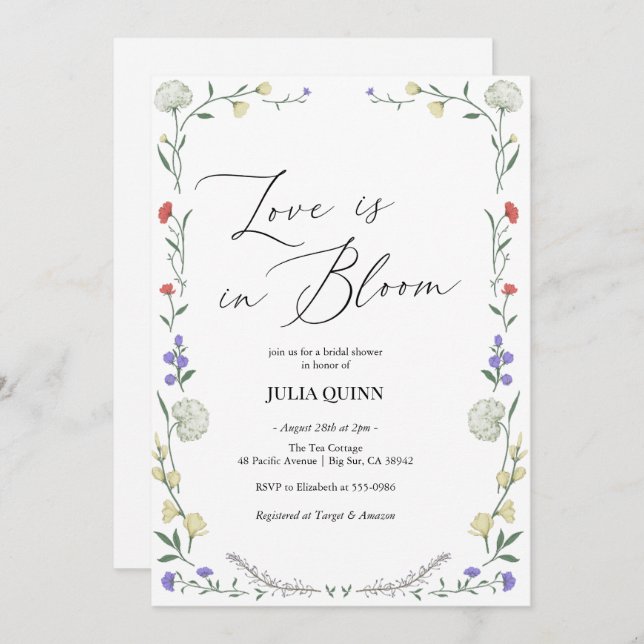 Invitation Aquarelle Floral rose Fête des mariées verte (Devant / Derrière)