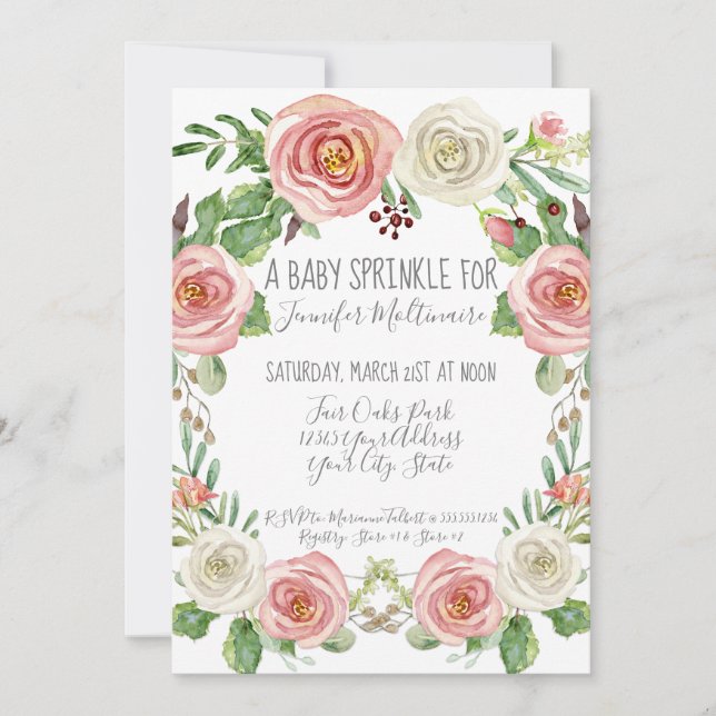 Invitation Aquarelle Floral rose Fleurs blanches Bébé arroser (Devant)