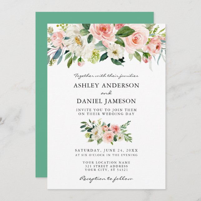 Invitation Aquarelle Floral rose Mariage Neo Mint (Devant / Derrière)