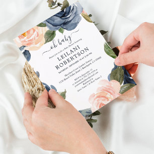 Invitation Aquarelle Floral Rose Marine Oh Baby shower