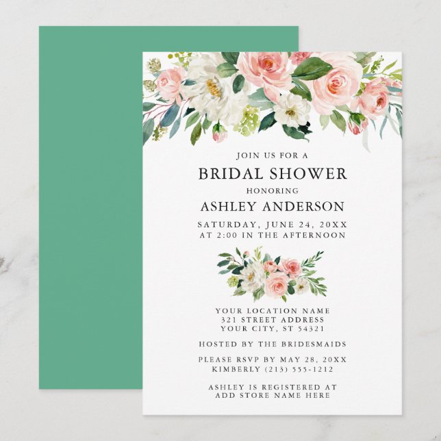 Invitation Aquarelle Floral rose Neo Mint Fête des mariées (Devant / Derrière)