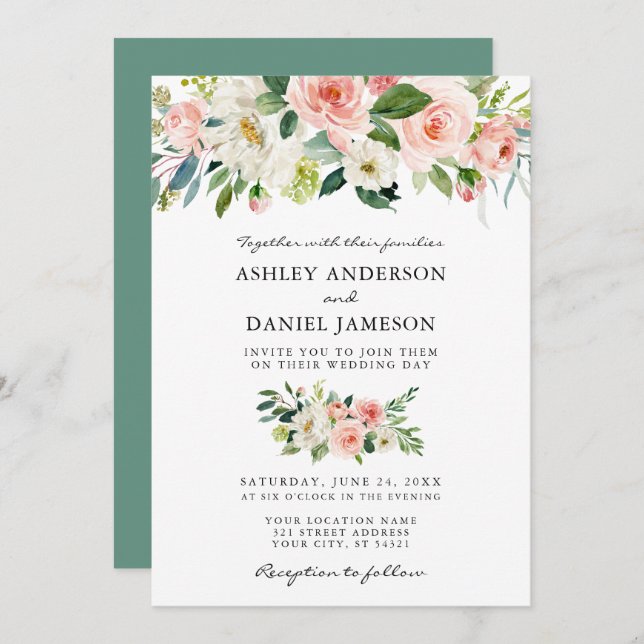 Invitation Aquarelle Floral rose pâle Mariage de verdure (Devant / Derrière)