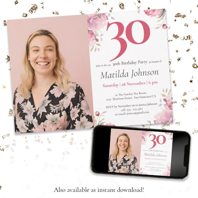 Invitation Aquarelle Floral Rose Photo personnalisée 30e anni (Photo 30th Birthday Watercolor Floral Pink Custom Invitation)