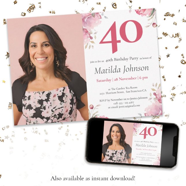 Invitation Aquarelle Floral Rose Photo personnalisée 40e anni (40th Birthday Watercolor Floral Pink Custom Photo Invitation)