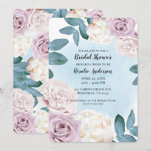 Invitation Aquarelle Floral Rose Poussiéreuse Bleu Ivoire Mar