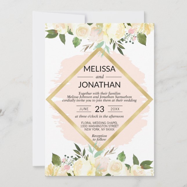Invitation Aquarelle Floral rose rose rose Mariage or rose (Devant)