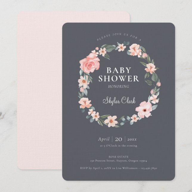Invitation Aquarelle Floral Rose & Sage Baby shower verdoyant (Devant / Derrière)