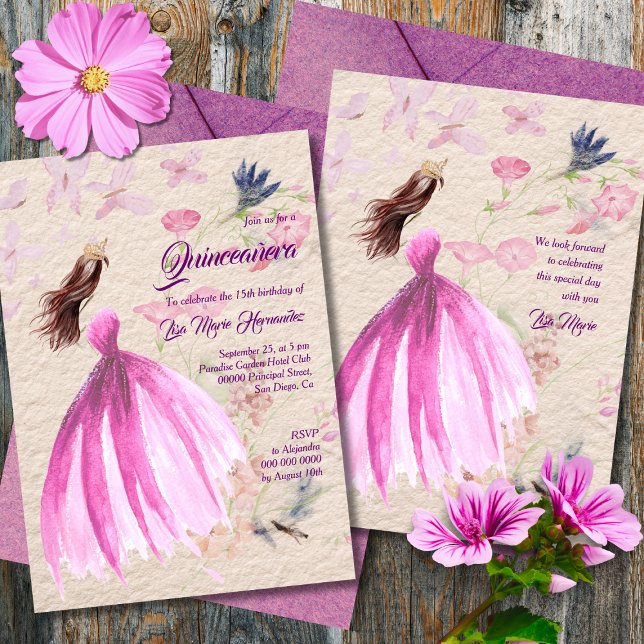 Invitation Aquarelle Floral rose Tons Quinceañera (Créateur téléchargé)