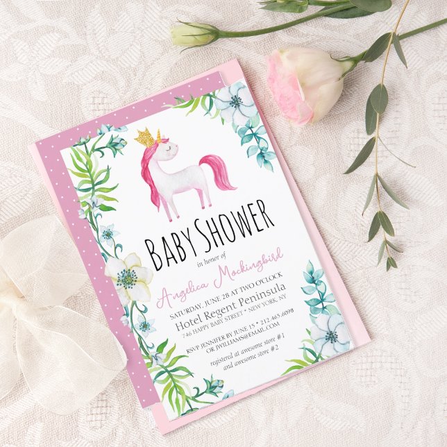 Invitation Aquarelle Floral rose Unicorn Baby shower Invitat (Créateur téléchargé)