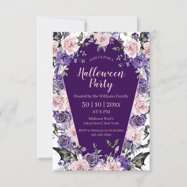 Invitation aquarelle floral rose violet tombe halloween (Devant)