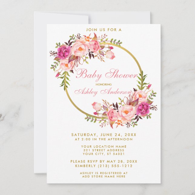 Invitation Aquarelle Floral Rose Wreath Gold Baby shower P (Devant)