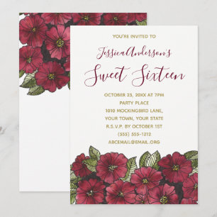 Invitation Aquarelle Floral Rouge or doux 16 Anniversaire
