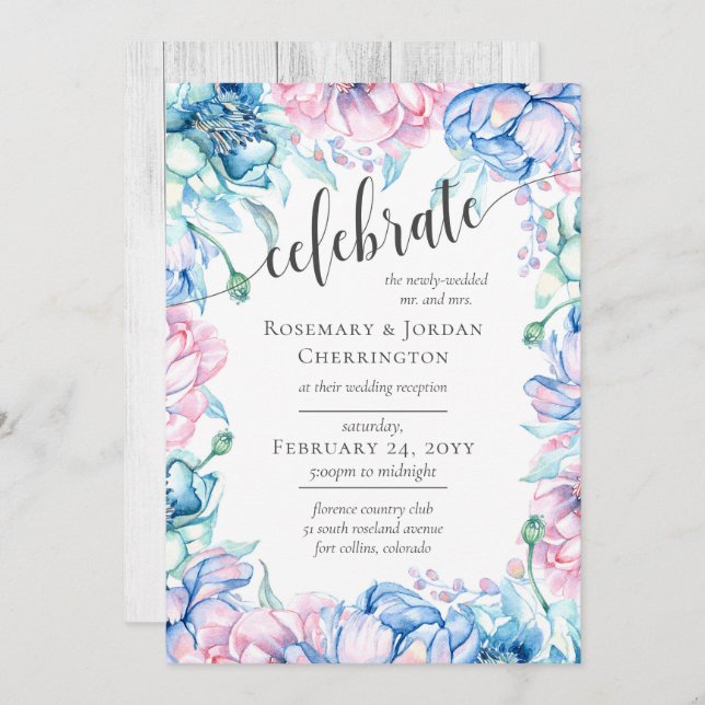 Invitation Aquarelle Floral & Rustic Wood Wedding Réception (Devant / Derrière)