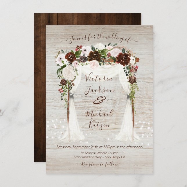Invitation Aquarelle Floral Rustique Grange Mariage en bois (Devant / Derrière)
