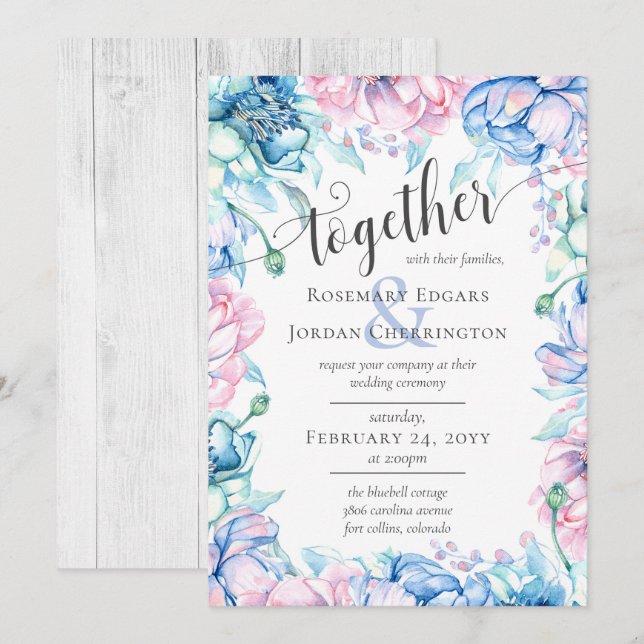 Invitation Aquarelle Floral & Rustique Mariage de ferme en bo (Devant / Derrière)