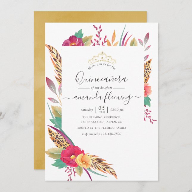 Invitation Aquarelle Floral Safari Quinceañera (Devant / Derrière)
