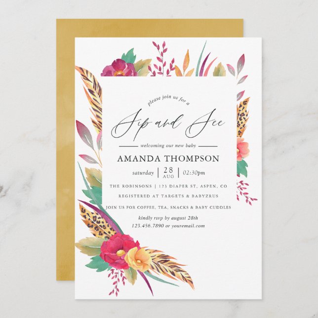 Invitation Aquarelle Floral Safari Sip et voir (Devant / Derrière)